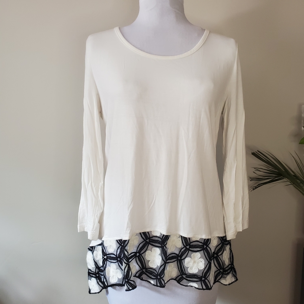 Boo Radley 3/4 long sleeve tunic lace crochet top medium white elegant boho